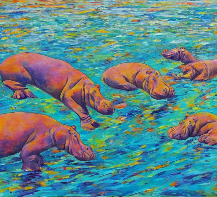 Prompt: a shallows with hippopotamuses. in a neo - figurative art style. using action painting.