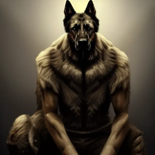 Image similar to a wounded humanoid german shepherd beast - man in military style, sitting on the bed, highly detailed portrait, digital painting, artstation, concept art, smooth, sharp foccus ilustration, artstation