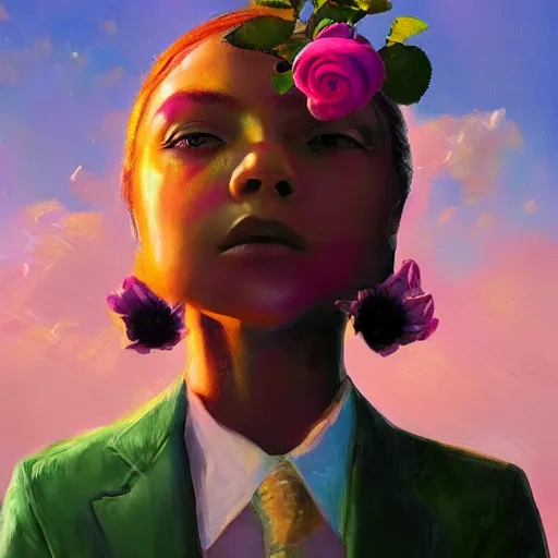 Image similar to closeup, huge rose flower as a head, frontal, a girl in a suit, surreal photography, sunrise, dramatic light, impressionist painting, digital painting, artstation, simon stalenhag