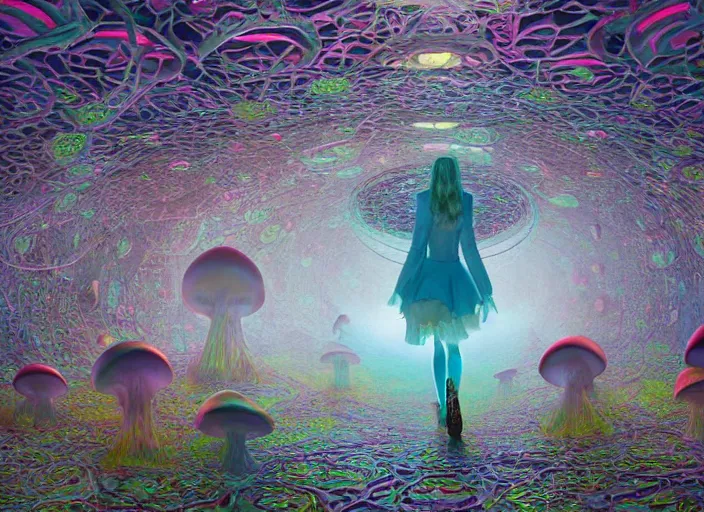 Image similar to vfx surreal 3 d portrait of alice from wonderland walking into a non - euclidean and infinite tunnel of evanescent hallucinatory images, reflections in endless mirrors, giant mushrooms, hyperdetailed, octane render, sharp focus, concept art, intricate by alex grey, greg rutkowski jeff soto and daniel merriam, dan mumford and pixar, octane render
