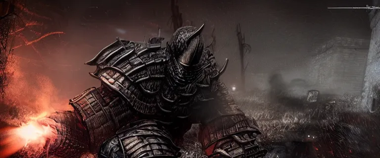 Prompt: Armored Audi 80 B3 Avant (1988) facing off a dark knight, Dark Souls 3, Eldritch Horrors, Wretched and Corrupted Knights, Heavy Battle, Fight, Car vs Knight, gunshots fired, a grim fantasy, Anor Londo, dramatic lighting, cinematic, establishing shot, extremely high detail, photorealistic, cinematic lighting, artstation, by simon stalenhag