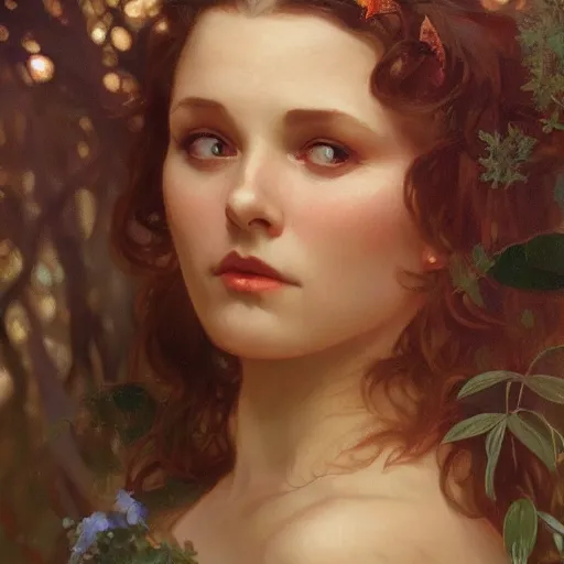 Image similar to a beautiful closeup portrait of a young vivian leigh casting a spell, forest background, serene colors, dramatic light, gorgeous view, depth, high detail, digital art, painted by alphonse mucha and greg rutkowski, trending on artstation