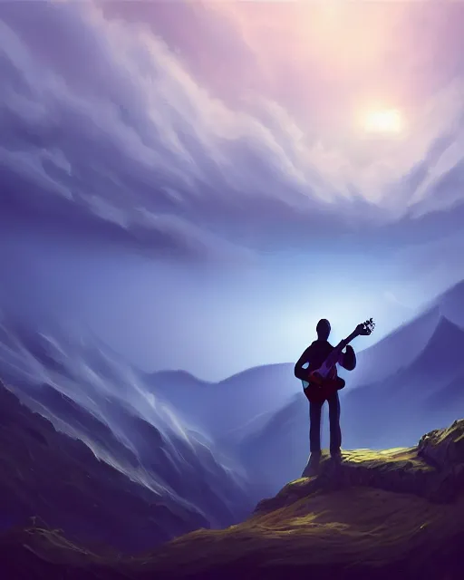 Prompt: A figure of a man with a guitar obscured by clouds and mist. The clouds look like mountains high in the sky, the clouds are a deep blue purple color with the sun blazing behind the clouds, deep focus, D&D, fantasy, intricate, elegant, highly detailed, digital painting, artstation, concept art, matte, sharp focus, illustration, hearthstone, art by Artgerm and Greg Rutkowski and Alphonse Mucha