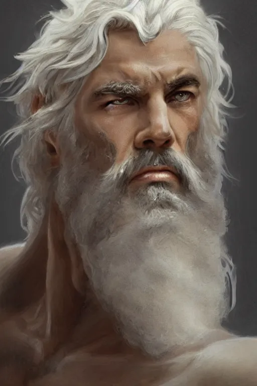 Prompt: painted portrait of rugged zeus, god of thunder, greek god, white hair, masculine, mature, handsome, upper body, muscular, hairy chest, fantasy, intricate, elegant, highly detailed, digital painting, artstation, concept art, smooth, sharp focus, illustration, art by gaston bussiere and greg rutkowski