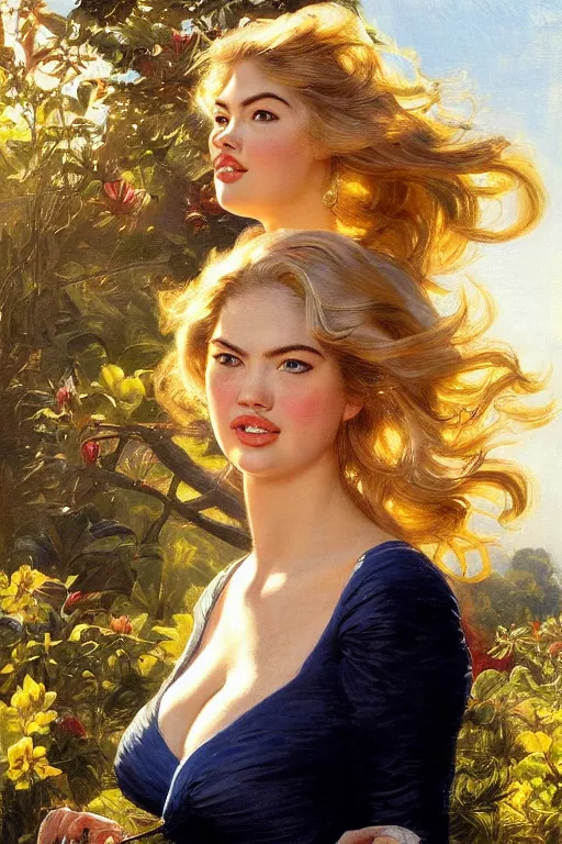 Image similar to Kate Upton, golden hour, in a garden, artstation, by J. C. Leyendecker and Peter Paul Rubens,
