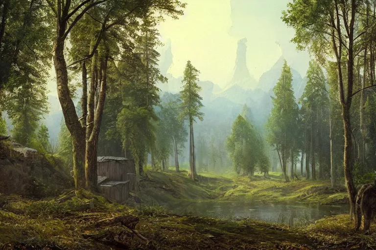 Image similar to A beautiful painting of russian village in dark forest by ivan shishkin and arkhip kuindji, trending on artstation,matte painting