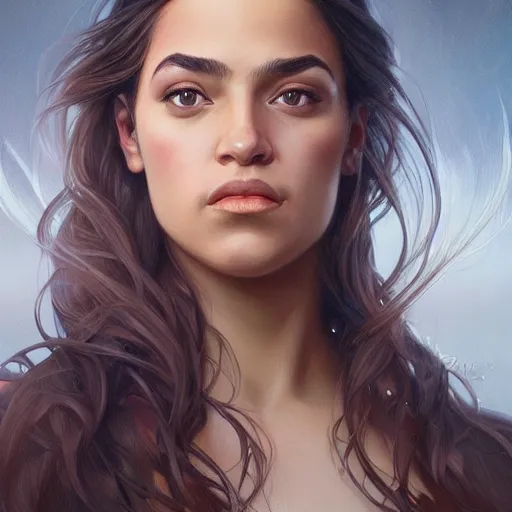 Image similar to portrait of a beautiful thick female, alexandria ocasio-cortez face, D&D, fantasy, intricate, elegant, highly detailed, digital painting, artstation, concept art, smooth, sharp focus, illustration, art by artgerm and greg rutkowski and alphonse mucha