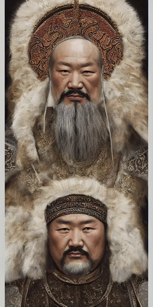 Image similar to a stunning and noble highly detailed romantic period style portrait of Genghis Khan by Josep Tapiró Baró, trending on artstation, oil painting masterpiece, symmetry, fractals, Mongolian iconography