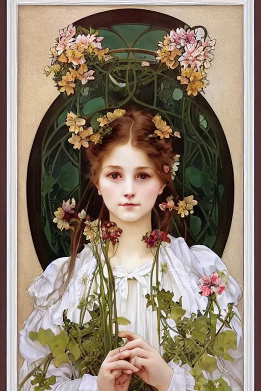 Prompt: beautiful framed realistic detailed full portrait of a cottagecore flowergirl in simple traditional modest amish garb by Alphonse Mucha, Ayami Kojima, Amano, Charlie Bowater, Karol Bak, Greg Hildebrandt, Jean Delville, and Mark Brooks