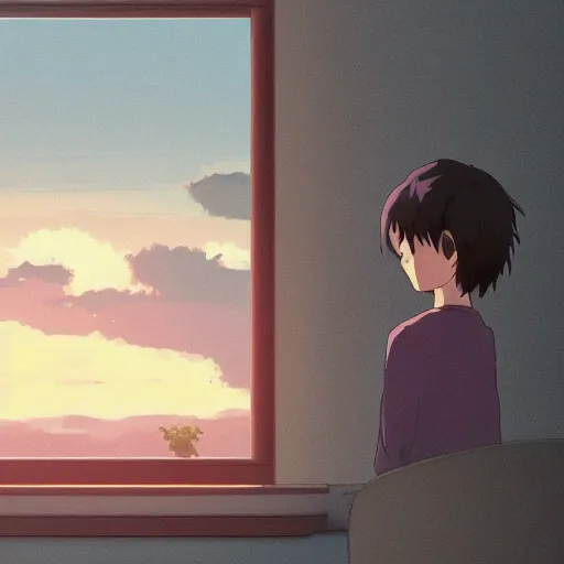 Image similar to A lonely child cries because it has no friends, Makoto Shinkai style, interior, sunset out the window