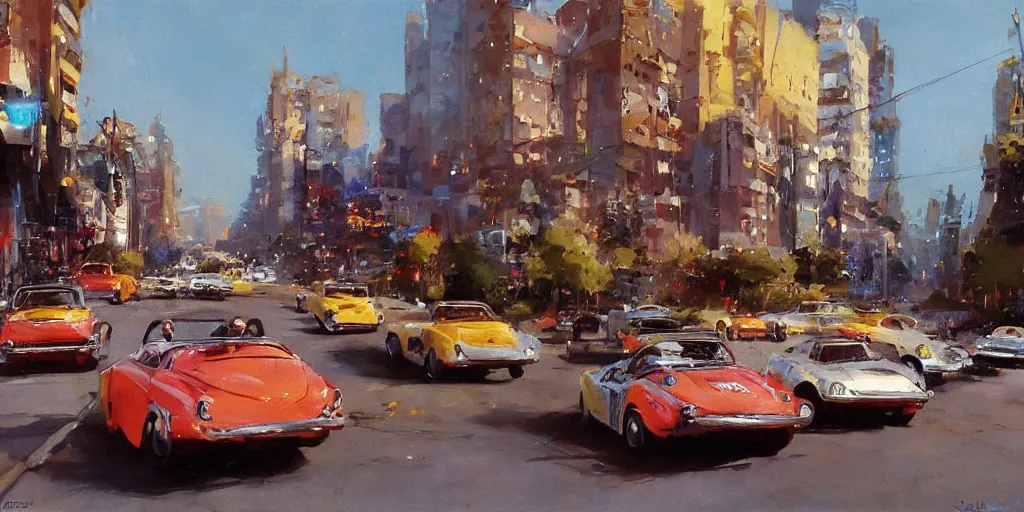 Image similar to hotrods driving down a street , vintage, highly detailed, 4K, by John Berkey