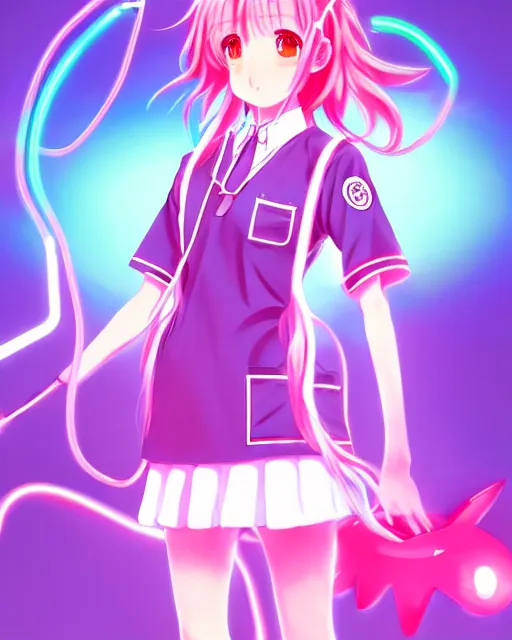 Image similar to anime style, vivid, expressive, full body, 4 k, painting, a cute magical girl with a long wavy hair wearing a nurse outfit, correct proportions, stunning, realistic light and shadow effects, neon lights, centered, simple background, studio ghibly makoto shinkai yuji yamaguchi