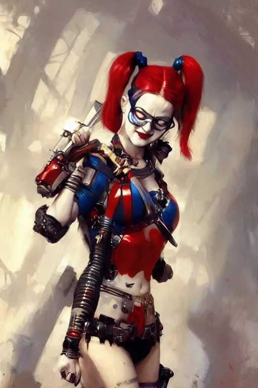 Image similar to portrait of Harley Quinn in bikini armor, dc comics, cyberpunk, Warhammer 40000, digital art from artstation by Ruan Jia and Mandy Jurgens and Artgerm and william-adolphe bouguereau