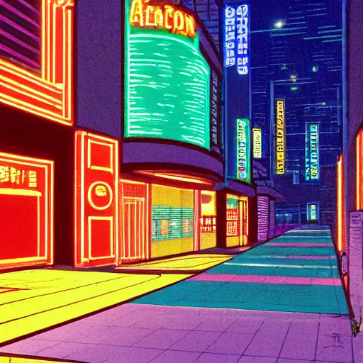 Image similar to an old shopping mall from the 1 9 8 0 s, neon lights, by satoshi kon