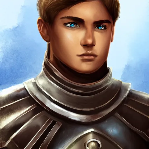 Image similar to character portrait young scarred captain knight with a steel breastplate, short brown hair and stubble. straight nose, brown eyes, lean face and build. hyper detailed