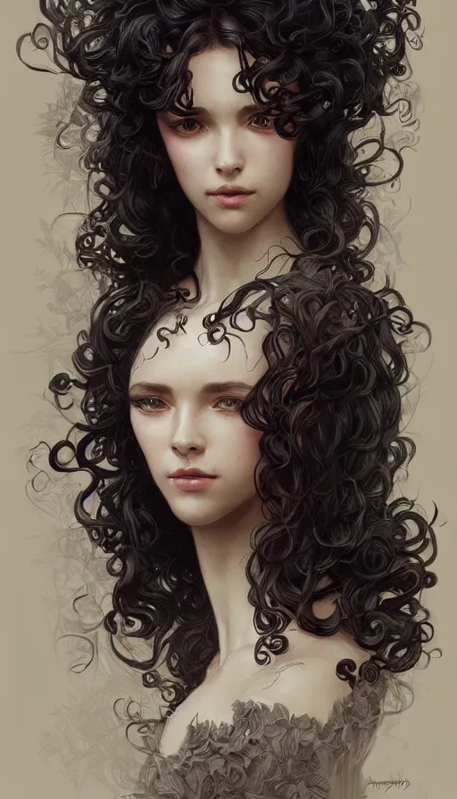 Image similar to beautiful cottagecore female model, symetrical face, black curly Hair, dark forest, intricate, elegant, highly detailed, digital painting, artstation, concept art, smooth, sharp, focus, illustration, art by artgerm and greg rutkowski and alphonse mucha