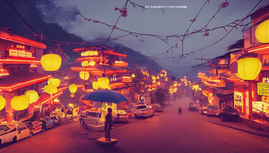 Image similar to a Wes Anderson 35mm film still of a very surreal magic small mountain town, like Jiufen, golden hour, falling cherry blossom pedals, in the style of Gucci, glowing warm lights and floating lanterns, foggy atmosphere, rainy, moody, muted colors, magic details, very detailed, 8k, cinematic look, octane render, psychedelic,
