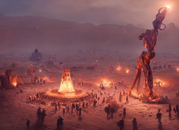 Prompt: hundreds of slaves building a giant monumental robot in the middle of the desert, lit by candles, digital painting, artstation, concept art, craig mullins, breathtaking, 8 k resolution, extremely detailed, beautiful, establishing shot, artistic, hyperrealistic, octane render, cinematic lighting, dramatic lighting, masterpiece, light brazen, extremely detailed and beautiful face