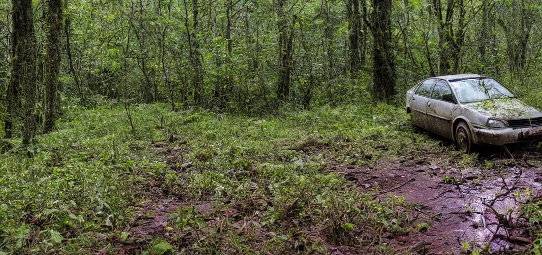 Prompt: abandoned car on the right side of the image, overgrown in a thick forest, waterlogged ground with flowers, and a small trail towards dry ground