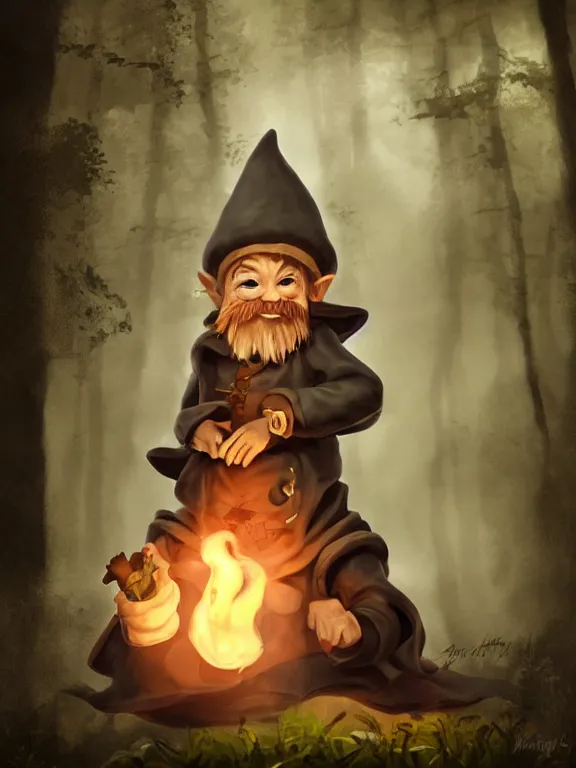 Prompt: tiny evil alchemist gnome, brown tuffle coat, evil smile, flasks in hands, dnd, deforested forest background, gesso matte painting, by midjourney