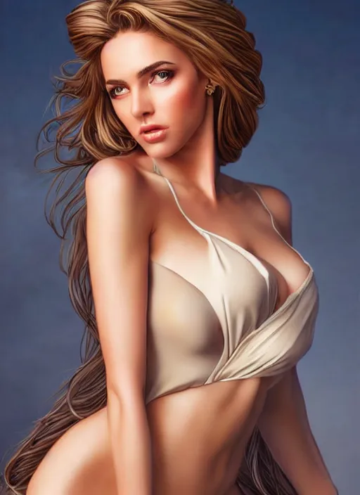 Image similar to a gorgeous greek female photo, professionally retouched, muted colors, soft lighting, realistic, smooth face, full body shot, torso, dress, perfect eyes, sharp focus on eyes, 8 k, high definition, insanely detailed, intricate, elegant, art by j scott campbell and artgerm