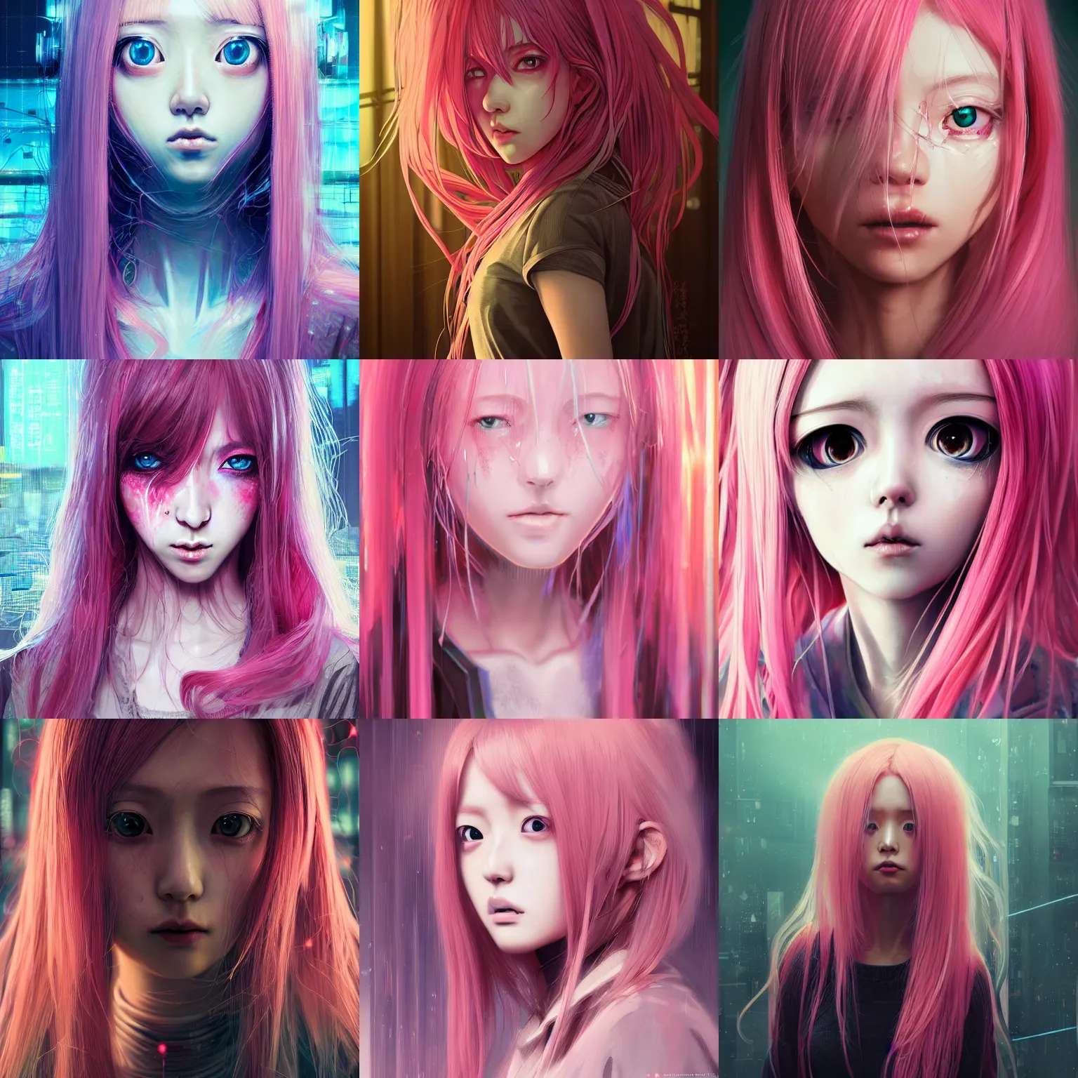Prompt: hyperrealistic portrait of anime girl, long pink hair, big eyes, well lit, intricate abstract. cyberpunk, intricate artwork, by Tooth Wu, wlop, beeple. octane render,in the style of Jin Kagetsu, James Jean and wlop, highly detailed, sharp focus, intricate concept art, digital painting, ambient lighting, 4k, artstation