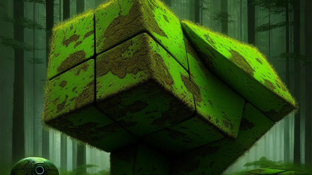 Prompt: a hube alien cube with a strange texture from nanotechnology, forgotten and overgrown with moss, lost in the forest, detailed digital art by greg rutkowski.