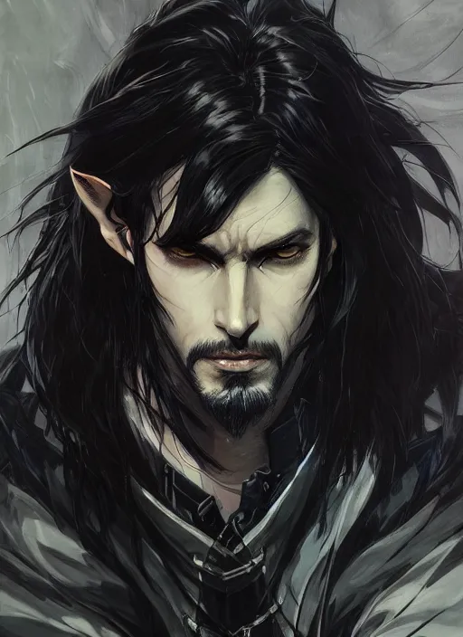 Image similar to Half body portrait of a handsome elven warrior with long black hair and facial hair wearing a black jacket. In style of Yoji Shinkawa and Hyung-tae Kim, trending on ArtStation, dark fantasy, great composition, concept art, highly detailed.