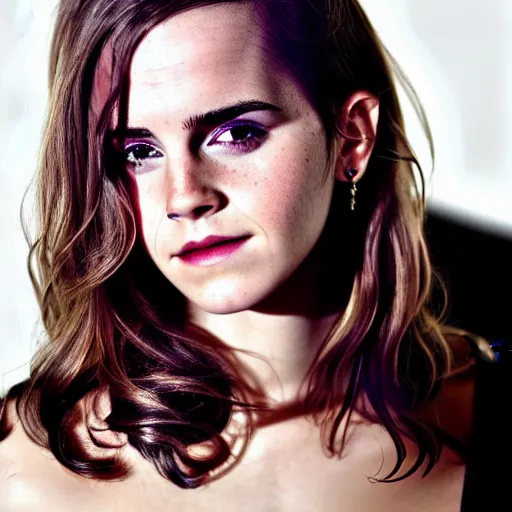 Prompt: Portrait photography of Emma Watson with glowing purple eyes