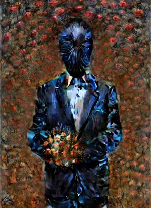 Image similar to an man in a black suit with a head made of flowers and roots, no face, intricate, highly detailed, concept art, hyperrealistic, oil painting by greg staples, 8 k