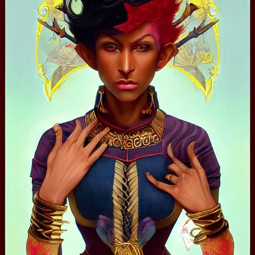 Image similar to a gorgeous and androgynous half - elf with dark skin tone and messy short red hair and catlike features with yellow eyes with slit pupils, dressed in a colorful jodhpuri suit, dnd character, golden aura, realistic portrait by ross tran and kehinde wiley and gerald brom and fernando amorsolo and alphonse mucha, trending on artstation