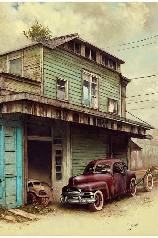 Image similar to (((((1950s small town mechanics shop with car out front. muted colors.))))) by Jean-Baptiste Monge !!!!!!!!!!!!!!!!!!!!!!!!!!!