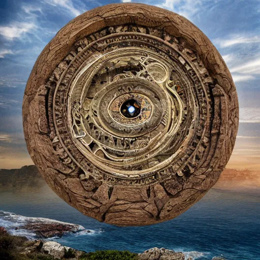 Image similar to photograph of a gigantic paleolothic torus made of stone with highly detailed carvings of intricate shamanic robotic electronics and circuitry, in a mediterranean lanscape, inside a valley overlooking the sea, in the style of andreas rocha