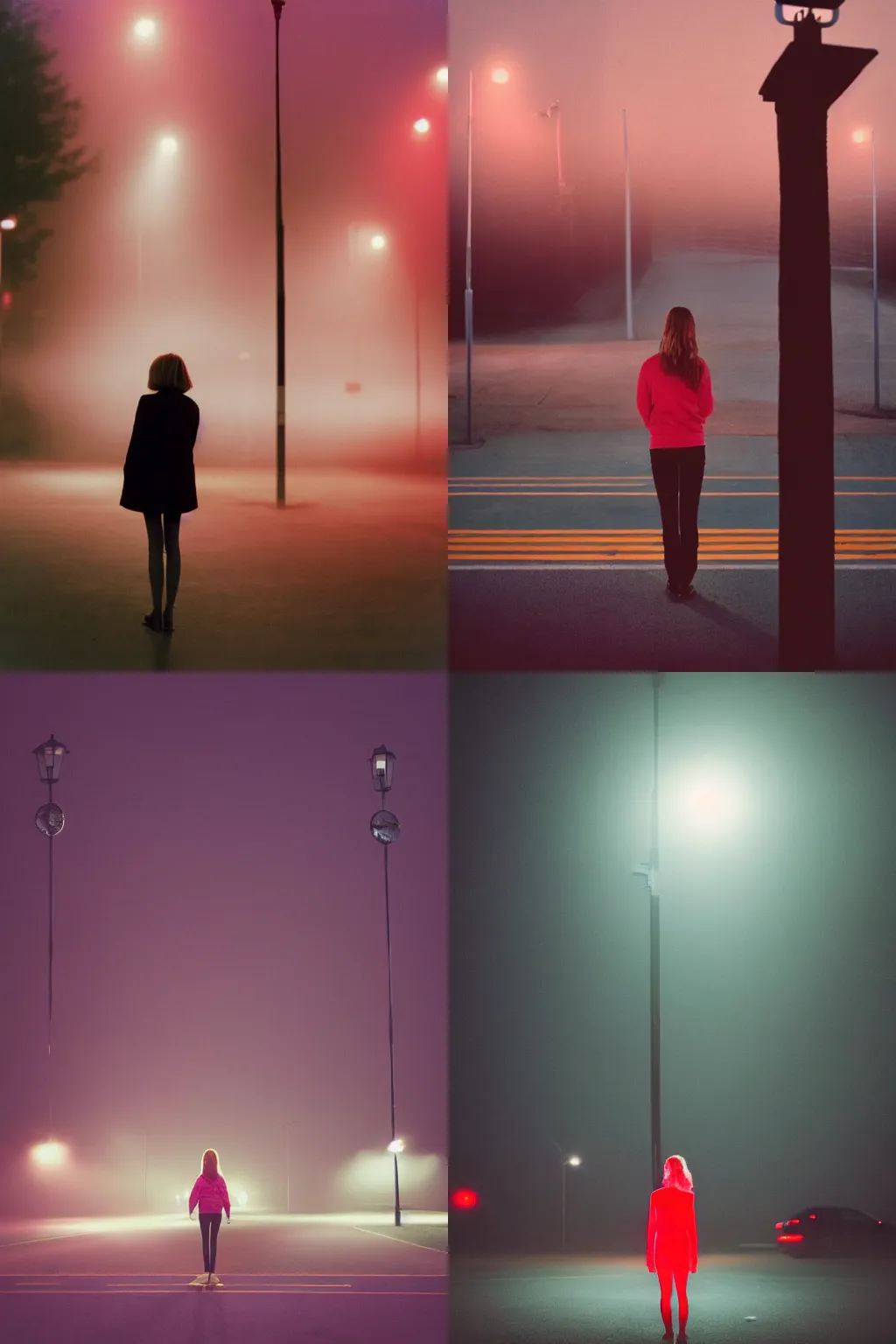 Prompt: photograph of a woman from the back standing in an empty parking lot at night illuminated by red light post by mark owen. thick fog. pastel colors. kodak portra film!!. whirl bokeh!. mamiya 7. highly detailed. hq. photoreal. golden hour. lens flare. faded film.