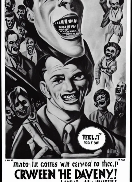 Prompt: creepy Edward Richtofen with a scary comically large smile, 1940s scare tactic propaganda art