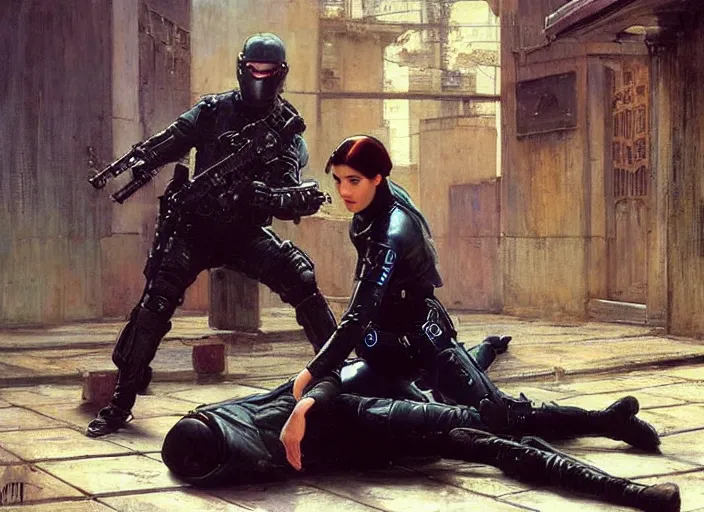 Prompt: Maria evades sgt Griggs. Cyberpunk assassin escaping Menacing Cyberpunk police trooper griggs. (dystopian, police state, Cyberpunk 2077, bladerunner 2049). Iranian orientalist portrait by john william waterhouse and Edwin Longsden Long and Theodore Ralli and Nasreddine Dinet, oil on canvas. Cinematic, vivid colors, hyper realism, realistic proportions, dramatic lighting, high detail 4k