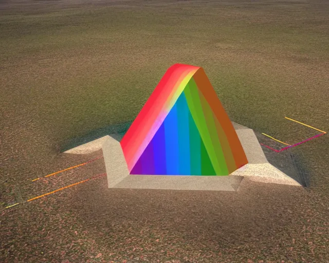 Image similar to isometric 3 d surrealist rainbow above a non - euclidean pagan monument in a desert, frequencies divided as sacred geometry 3 d shapes, very surreal, by dali