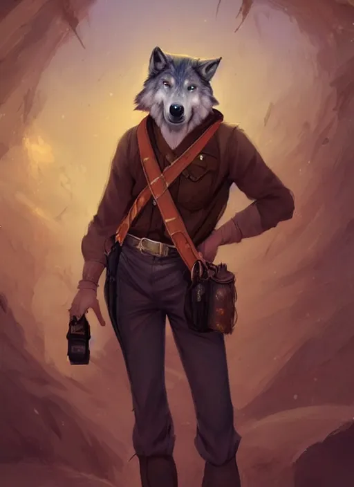 Prompt: beautiful portrait commission of a male furry anthro timber wolf wearing old-timey Sherriff's clothes with suspenders in an old-timey desert town. Atmospheric. Character design by charlie bowater, ross tran, artgerm, and makoto shinkai, detailed, inked, western comic book art