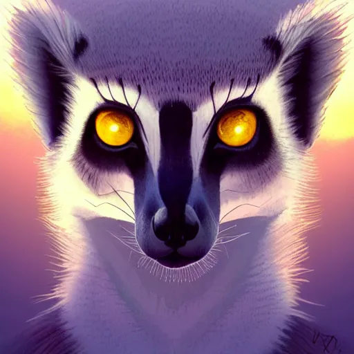 Image similar to Geometric symmetrical ring-tailed lemur, sun in the background, intricate, elegant, highly detailed, digital painting, artstation, concept art, smooth, sharp focus, illustration, art by artgerm