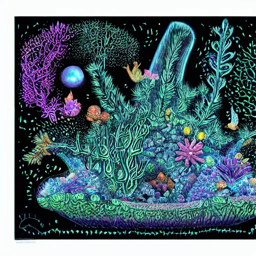Prompt: a magical garden eden coral reef on an alien ship, branched and complex illustration on black paper