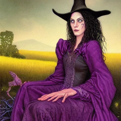 Image similar to portrait of a witch, dressed in purple, gold embroidery, by gerald brom.