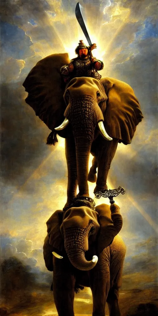 Prompt: elephant as barbarian knight with big sword, strong sun backlight sunrays body , extreme very textured detailed portrait oil painting by rembrandt, dramatic clouds and atmosphere