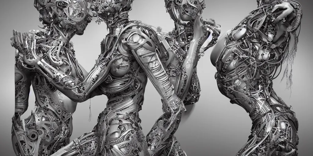 Image similar to group of realistic photography of a female cyborg humanoid, back arched, holding, hugging, grasping, highly detailed intricate filigree, in the style of beth cavener, jin kagetsu, wlop,, symmetry, masterpiece, concept art, ringflash, highkey lighting, ambient lighting, hard key light, octane render, 8 k, artstation