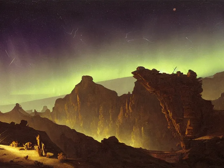 Image similar to an oil painting of a canyon on an alien planet with a distant outpost at dusk with aurora lighting up the sky and a small shooting star by carl spitzweg and tuomas korpi. baroque elements, full-length view. baroque element. intricate artwork by caravaggio. Trending on artstation. 8k