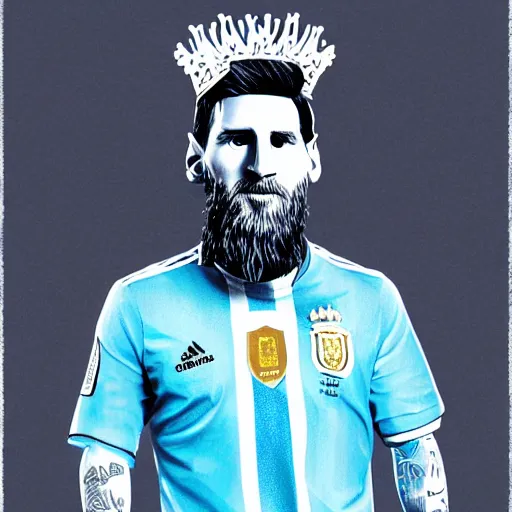 Image similar to messi sitting on a throne with argentina shirt, long beard, digital drawing, fantasy, vaporwave