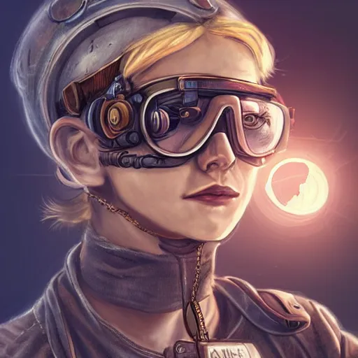 Image similar to highly detailed character concept art of stoic heroic emotionless square-jawed butch blonde tattooed woman engineer looking to side, wearing steampunk goggles and dirty ripped flight suit, on primitive planet, portrait, illustration, pulp sci fi, science fiction