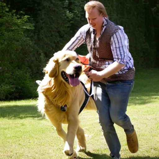 Image similar to human riding giant golden retriever in the park, trending on attestation