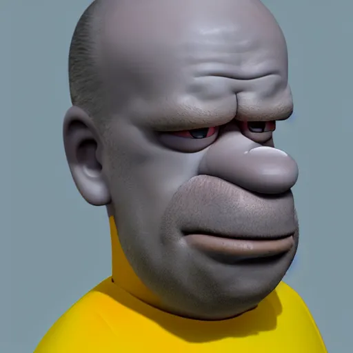 Prompt: realistic portrait of homer simpson, 3 d render, detailed face, detailed textures, octane render, high quality render, 4 k, featured in artstation, cgsociety