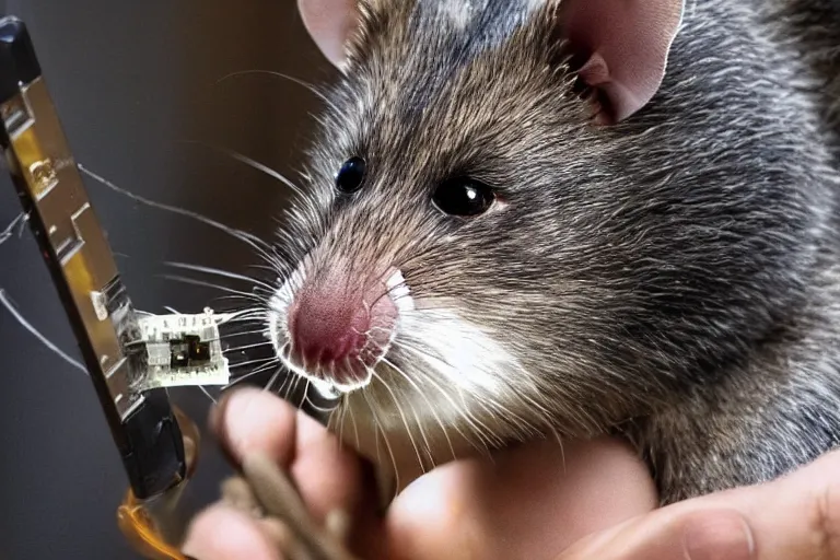 Prompt: photo, furry antropomorphic rat - woman with emma watson face eats thick internet cable! highly detailed, intricate details
