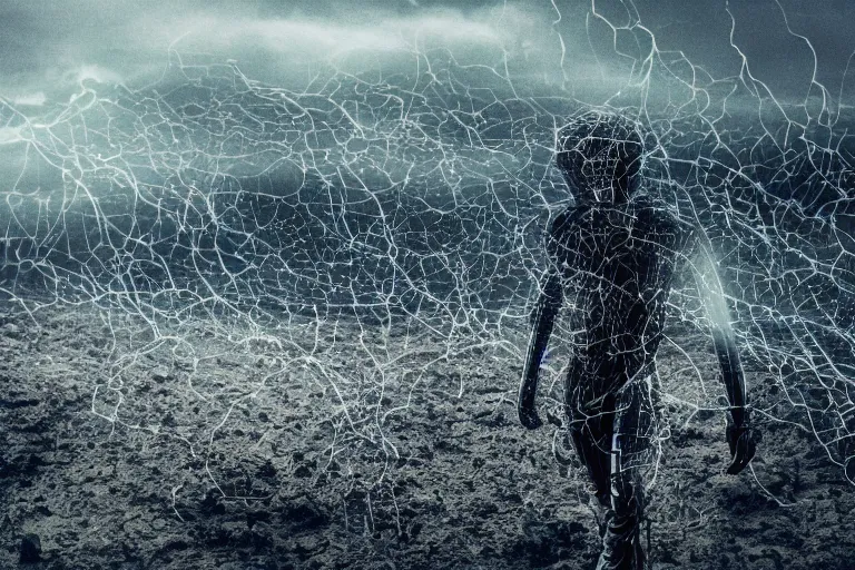 Image similar to human covered in electronic wires futuristic devices, partly steel armor, dust particles, covered in dust, grind, rocks, dark clouds, rainy